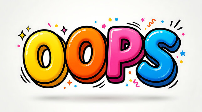 Playful colorful comic-style 'OOPS' with confetti and stars, symbolizing a minor mistake or unexpected surprise