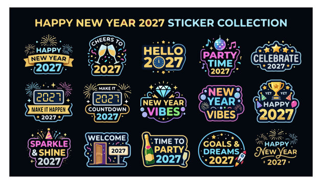 Happy new year 2027 sticker collection on a black background various celebratory messages and festive graphics party time good vibes collection celebration greeting sparkles
