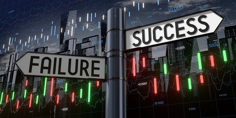 Success or failure - signpost with two arrows and financial data - 3D illustration © PX Media