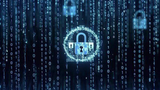 Central lock icon over flowing binary in digital style on dark backdrop, symbolizing securing data protection concept
