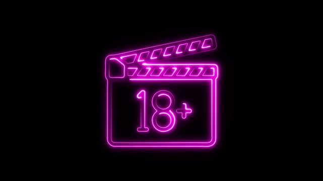 Neon pink movie clapper board with 18 plus sign on black background