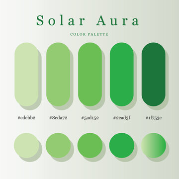 Solar Aura green color palette poster with rounded capsule and circular swatches, hex color codes, and a clean minimalist layout for branding, web, and UI design