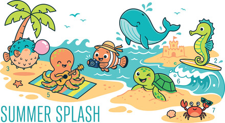 Summer splash beach party with cute sea animals including octopus playing guitar, whale, turtle, seahorse surfing, crab with sunglasses, clownfish, pufferfish, tropical palm trees, children illustrati © MDHABIBUL