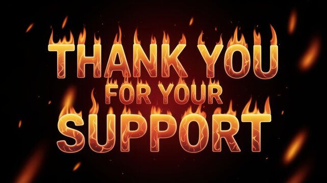Thank you for your support message in burning fire text effect on dark background