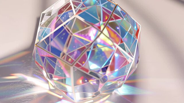 Abstract footage of a faceted iridescent crystal sphere rotating on a light background, casting colorful rainbow refractions and soft shadows for modern design use