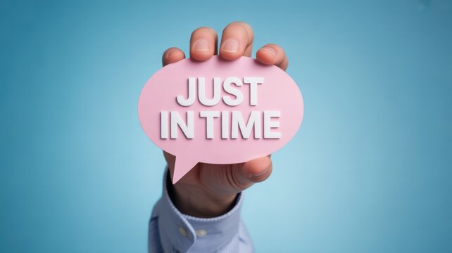 Close up of a hand holding a pink speech bubble with Just In Time text on a blue background