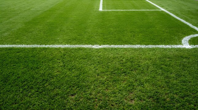 Fresh green soccer field grass with white boundary lines