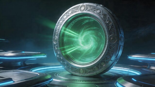 Futuristic portal with glowing green vortex