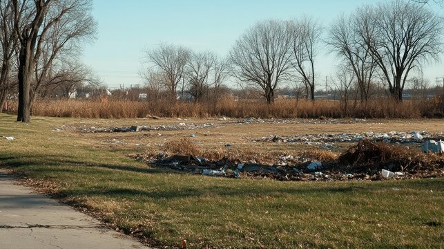 Landfill waste accumulation in a neglected suburban park with scattered debris and bare trees under a clear blue sky.