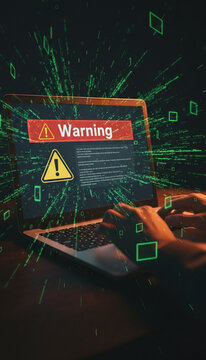 Laptop screen displaying a digital warning with abstract green data streams, symbolizing cyber threat and computer alert, indicating a security breach.