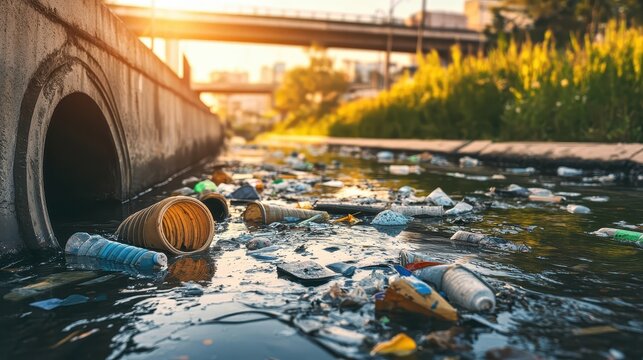 Overflowing city storm drains choked with accumulated plastic trash and floating debris in polluted urban waters.