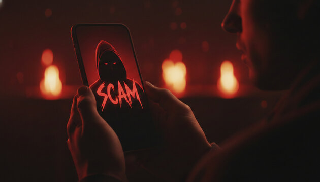 Smartphone displays a hooded figure with glowing red eyes, text "SCAM" superimposed, symbolizing digital threat and deception, ideal for security or awareness.