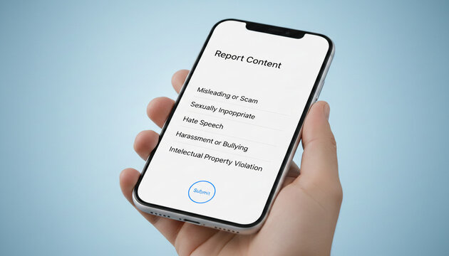 Hand holding a smartphone displaying content reporting options like "Misleading or Scam", "Hate Speech", and "Harassment", symbolizing digital safety and accountability