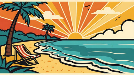 Obraz premium Tropical beach landscape with a lounge chair at sunset isolated on a transparent background