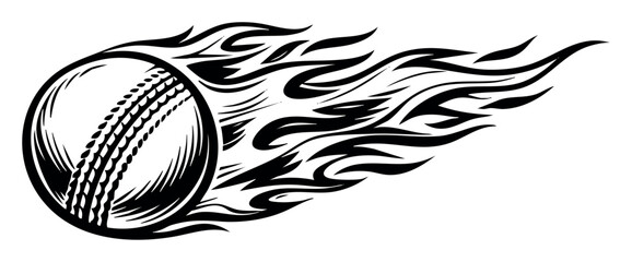 Obraz premium Cricket ball soaring through the air, engulfed in flames, illustrating intense speed, power, and competitive athletic energy