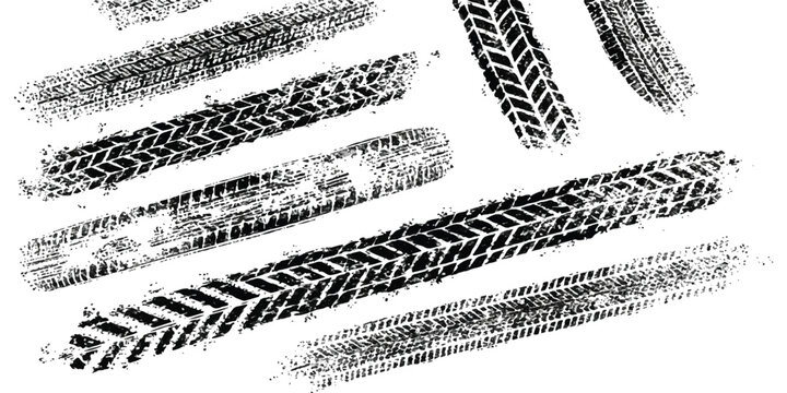 Black tire track marks and vehicle tread patterns set on a simple surface