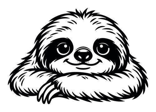 Happy sloth cartoon character smiling, creating a fun animal face logo or kawaii wildlife emblem, vector illustration