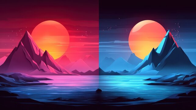 Split scene showcasing vibrant mountain landscapes at sunrise and sunset with glowing suns and tranquil waters