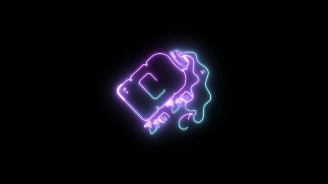 Neon sign of a smartphone with a plug and cord in purple and blue hues on black background