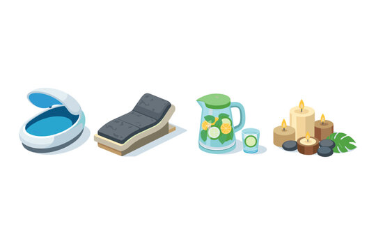Spa and wellness items including a float tank, chaise lounge, infused water, and candles