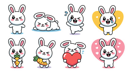 Fototapeta premium Cute Kawaii Bunny Rabbit Character Sticker Set – Happy, Sleeping, Jumping and Emotional Cartoon Poses