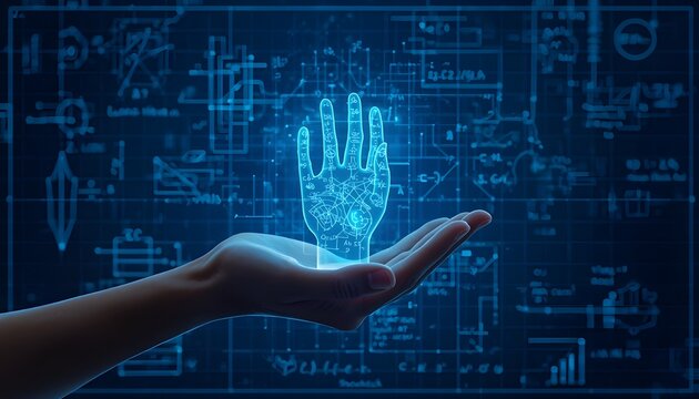 Creative technical concept of a human hand holding a glowing blue translucent digital blueprint hand over mathematical charts