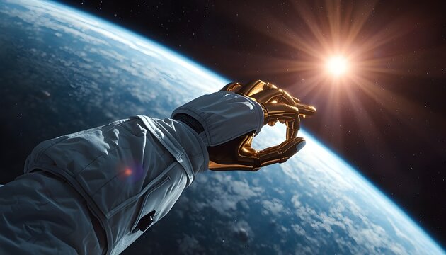 Dramatic low angle view of futuristic astronaut with golden robotic hand pointing towards bright sun in zero gravity earth orbit