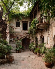 Naklejka premium An old, rustic courtyard with a weathered building, lush green plants, and an arched doorway, evoking a sense of historical charm and natural beauty.
