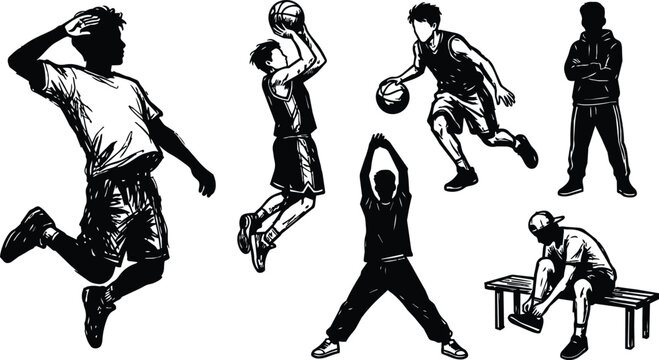Vector silhouettes of basketball players in action with bench figure and coach