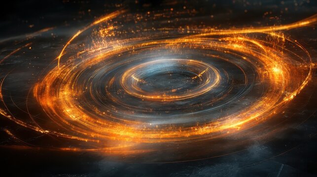 Vibrant orange and blue glowing light spirals in a dark digital space, representing abstract quantum computing concepts and data visualization.