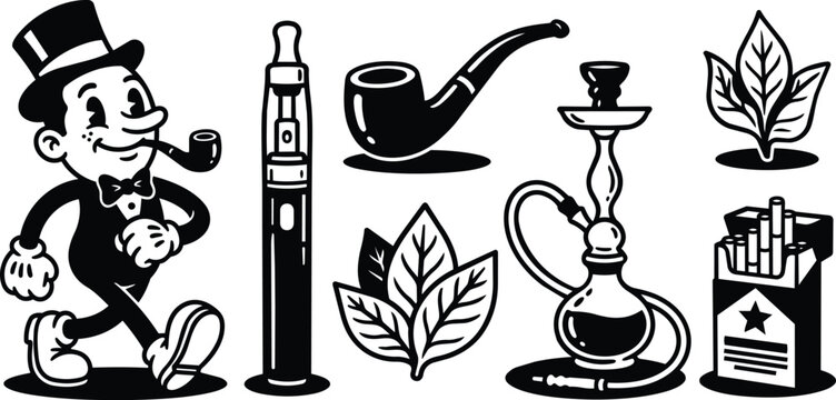 Smoking paraphernalia lineup with pipe, vape, hookah, leaves, and cigarette pack