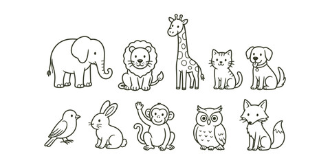 Obraz premium Hand-drawn cute wild and domestic animal characters doodle icon set vector illustration