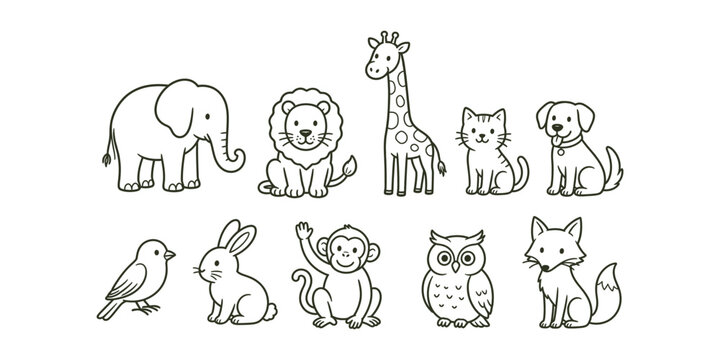 Hand-drawn cute wild and domestic animal characters doodle icon set vector illustration