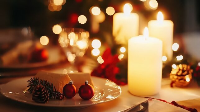 Warm and cozy Christmas dinner table with festive holiday decorations and glowing candles