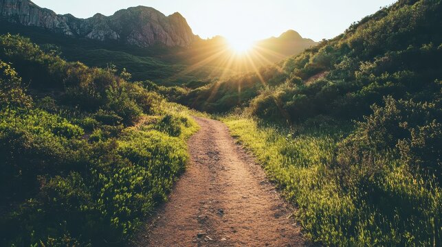 Winding dirt trail through lush green hills towards a majestic mountain range bathed in golden sunlight