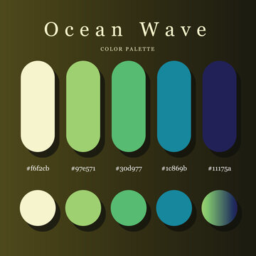 Modern "Ocean Wave" color palette poster with cream, green, teal, and navy swatches, visible hex codes, rounded capsule, circular shapes, and a gradient for branding, web, and UI design