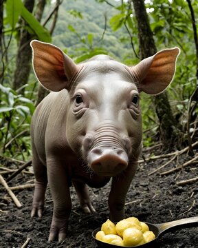 A  babirusa piglet pig hybrid fictional species, digitally created animal,  in a haunted ridge eating a spoonful of cereal. 