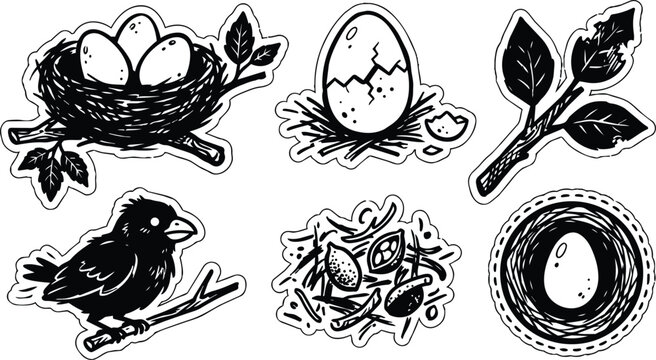 Easter nest and eggs line art collage with bird on branch in black and white vector