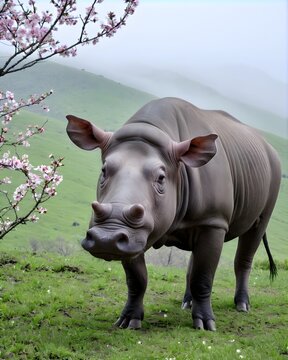 A   babirusa pig hybrid fictional species, digitally created animal,  in a spring blossom ridge