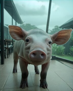 A mint babirusa piglet  pig hybrid fictional species, digitally created animal, in an astral drift cafe