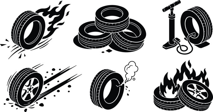 Tire icons in motion and flames with stacked tires and pump