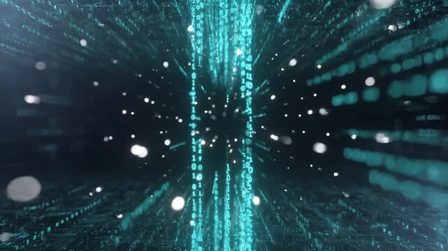 Flowing binary digits in abstract glowing style on a dark background, concept of data transmission and digital cyberspace