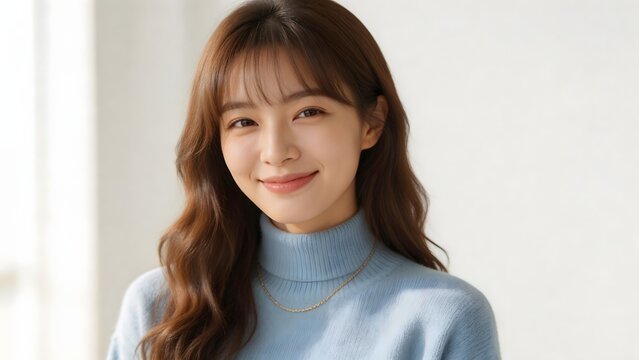 Young woman with long hair wearing a blue turtleneck