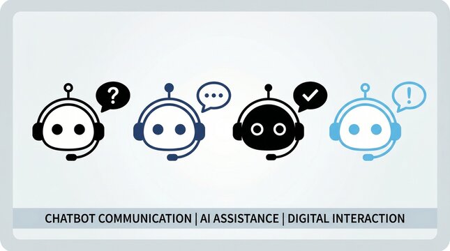 Four robot head icons with speech bubble, headset, and antenna, symbolizing chatbot communication, AI assistance, and digital interaction in line style.