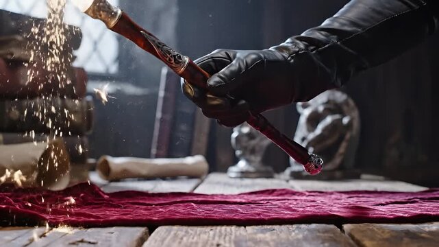 Mysterious Hand in Black Glove Casting Spell with Crystal Wand.