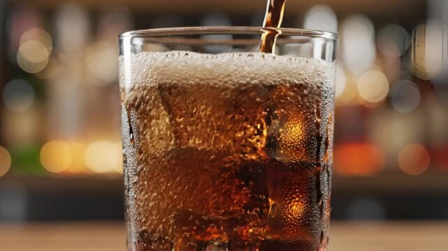 Pouring Dark Soda Over Ice Cubes in a Glass.