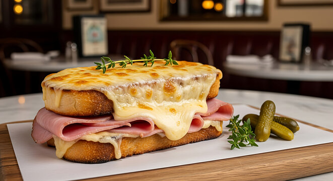 Close-up of a delicious Croque Monsieur sandwich with melted cheese, ham, and b&eacute;chamel sauce, served with pickles and thyme on a wooden board in a restaurant setting.