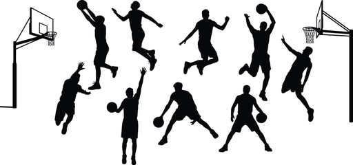 Basketball Player Silhouette Collection with Dunking Dribbling and Jump Shot Actions Isolated on White Background © MdAbdullahAl