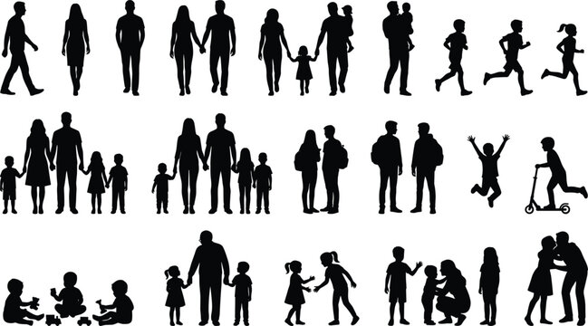 Large collection of people family and children silhouettes walking standing playing and running isolated on white background