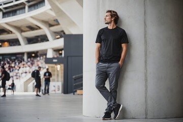 Fototapeta premium Handsome Man in Casual Black T-Shirt Leaning on Concrete Pillar Outside Modern Stadium Architecture